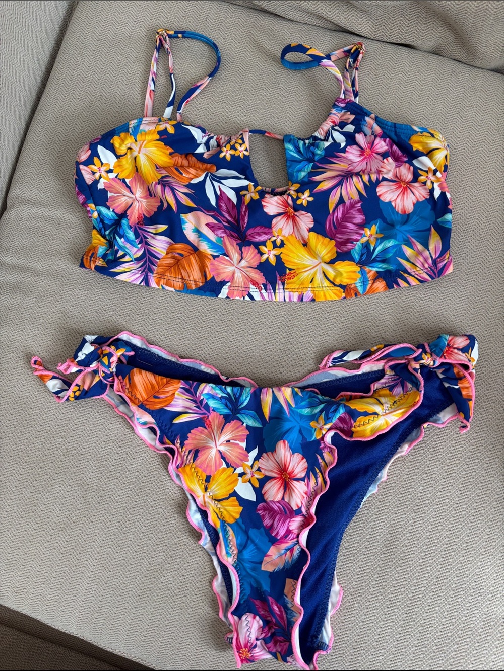 Hobie Blue Floral Tropical Print Bikini Set Sz S